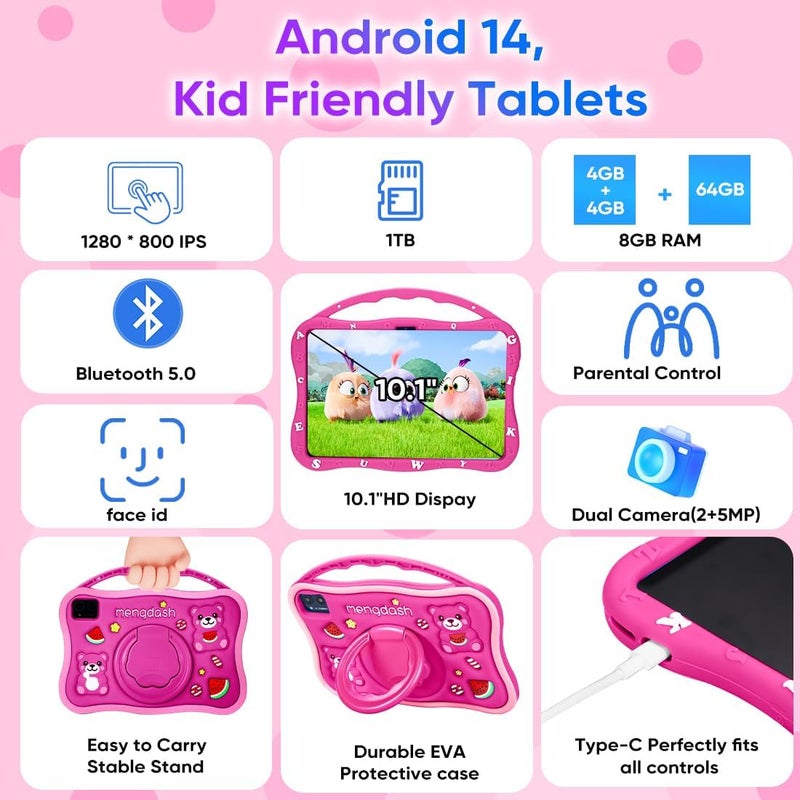 MengDash Kids Tablet, 10.1 inch Tablet for Kids 3-10, Educational Learning Toddler Tablet Android 14, 8(4+4) GB RAM+64GB ROM Storage, 5G WiFi, Baby Girl boy Gift (Red) - Image 4